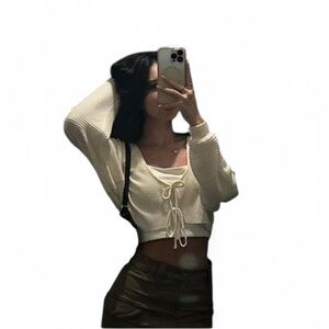 Cream Cropped Sweater with Tie Front